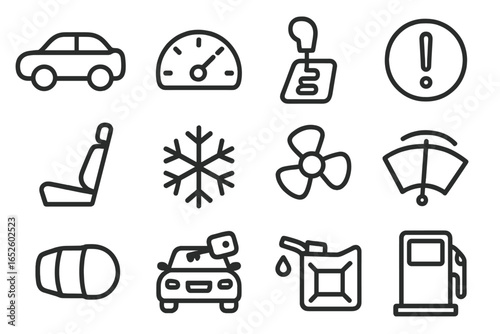 Car line icon set. Automotive symbols for dashboard UI. Vector collection with speedometer, fuel pump, gear shift, warning light, AC, fan, seat, car key. For auto service.