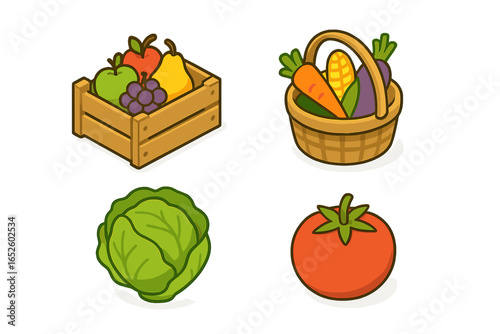 Isometric produce icons set. Fresh farm food collection with fruit crate and vegetable basket. Vector illustration of apple, pear, grapes, carrot, corn, eggplant, lettuce, tomato.