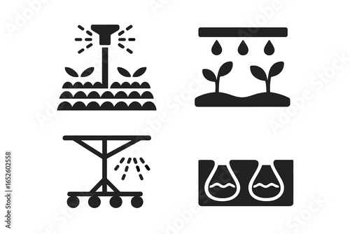 Irrigation methods solid glyph icon set. Sprinkler, drip line, center pivot, and furrow irrigation. Agriculture technology, smart farming, and crop water system pictogram.