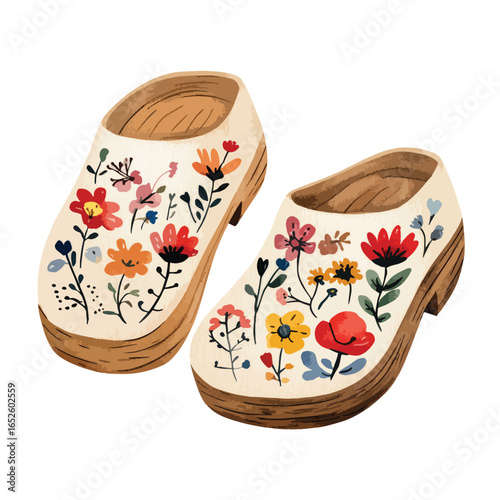 Handpainted wooden clogs adorned with colorful floral patterns artistic and charming