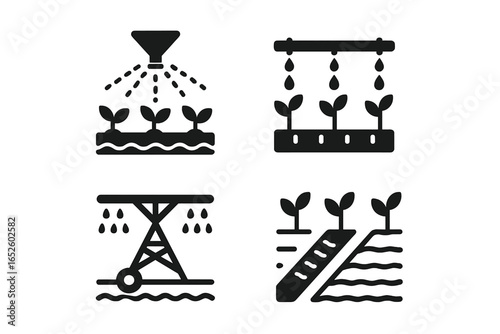 Farming irrigation methods solid icon set. Sprinkler, drip line, center pivot, furrow irrigation systems. Agriculture technology vector glyph for smart farm concept.