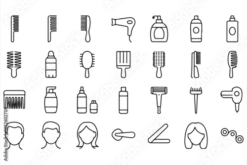 Collection of vector icons for hair styling tools and beauty products in black and white