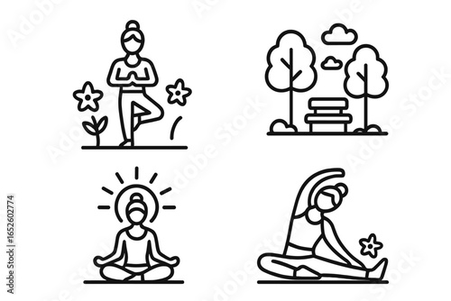 Spring Yoga Icon Set with Blooming Flowers, Park Scenes, Calm Meditation Poses, Stretching Exercises, and Sunshine Vibes – Vector Outline Illustrations for Wellness and Outdoor Fitness