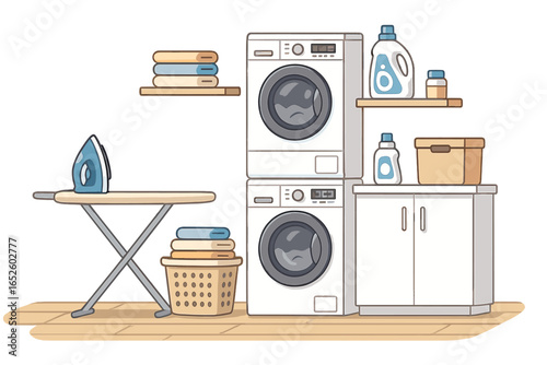 Modern laundry room interior with stacked washing machine and dryer. Household chore concept with ironing board, iron, detergent and basket of clean towels. Vector illustration.
