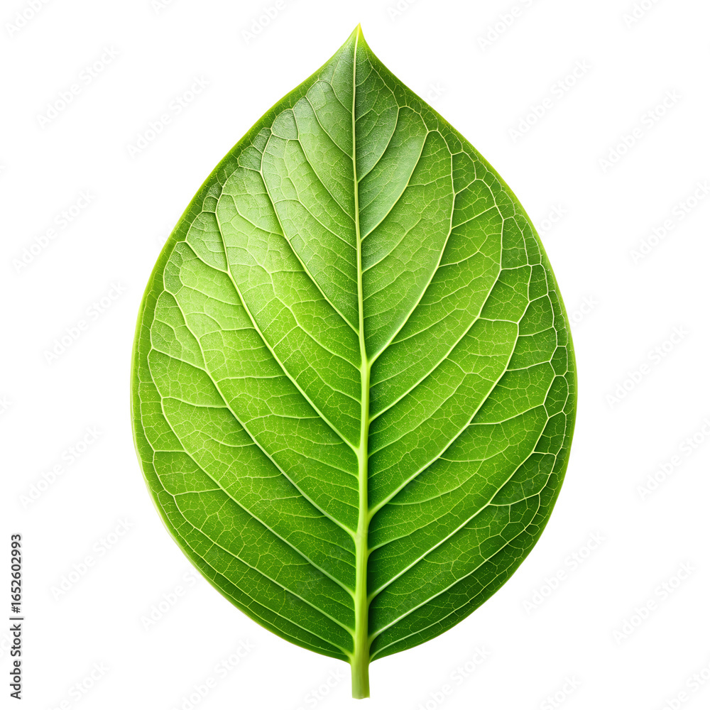 Obraz premium A vibrant green leaf with detailed veins, isolated on transparent background, representing nature, growth, and freshness, perfect for botanical illustrations and designs with a clean and organic aesth