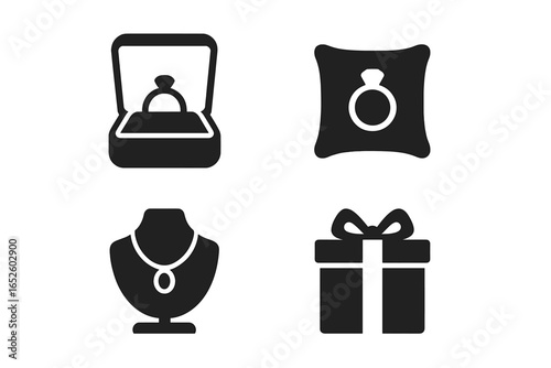 Jewelry display and packaging icon set. Solid glyph vector illustration of engagement ring in a box, necklace on a mannequin bust, and a gift with a bow. Luxury.