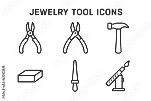 Jewelry tool icon set. Outline icons for jewelry making. Vector graphic includes pliers, wire cutter, hammer, bench block, file, soldering torch. For craft and DIY.