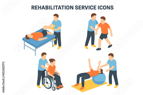 Rehabilitation services isometric icon set. Physiotherapy and physical therapy concept. Doctor helps patient with injury recovery, exercise, walking, disability.
