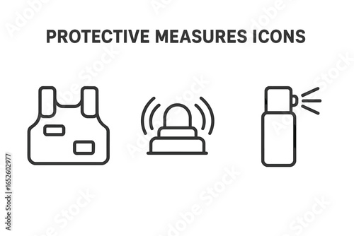 Protective measures outline icon set. Personal safety and self defense line art symbols. Concept of security. Vector illustration of bulletproof vest, panic button, pepper spray.