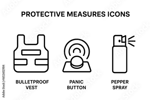 Self defense icon set. Protective measures and security tools collection. Outline vector illustration of bulletproof vest, panic button, and pepper spray for personal safety.
