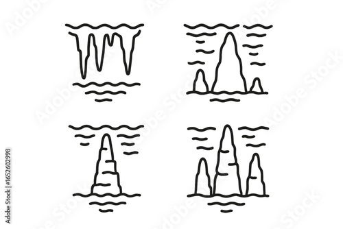 Submerged Cave Formations Icons Set of 4 Vector Illustrations of Speleothems in Underwater Caves with Stalactite Clusters, Stalagmite Towers, and Rock Structures on Transparent Background