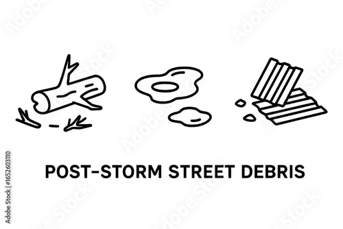 Post-storm street debris outline icon set. Vector illustration of fallen tree branches, flooded potholes, and scattered roofing damage from a hurricane or natural disaster.