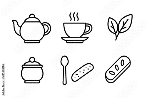 Tea Time Icons Set, Outline Vector Illustrations of Teapot, Teacup, Tea Leaves, Infuser, Sugar Bowl, Teaspoon, Biscotti, and Tray for Tea Ritual and Beverage Design