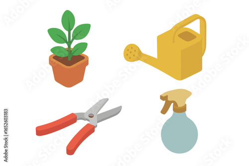 Isometric gardening tools icon set for houseplant care. Vector collection with a potted plant, watering can, pruning shears, and a mister spray bottle for horticulture.