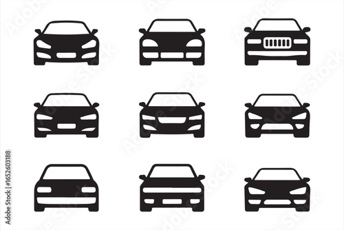 Collection of car icons in black and white, featuring multiple vehicle front designs