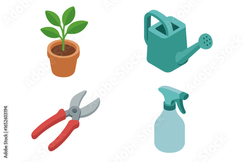 Potted plant care tools icon set. Isometric vector illustration of houseplant, watering can, pruning shears, and spray bottle for gardening. Home garden equipment.