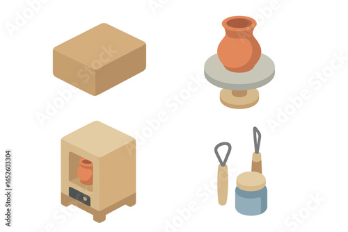 Pottery and ceramics art icon set. Isometric flat vector illustration of clay block, potter's wheel, kiln for firing, and sculpting tools with glaze jar. Handmade craft concept.