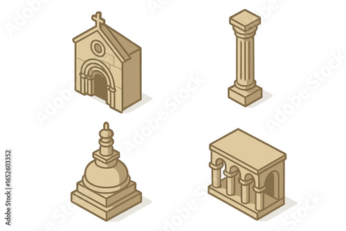 Religious architecture icon set. Isometric sacred buildings collection. Christian chapel, Buddhist stupa, ancient Greek column, Roman cloister. Historic stone monuments.