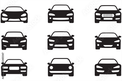 Set of black and white vector car icons showing different front views of various vehicles