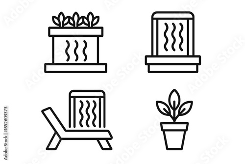 Urban Rooftop Icons Set of 4, Outline Vector Illustration of Rooftop Garden, Waterfall Feature, Lounge Chair, and Potted Plant for City Living and Outdoor Relaxation
