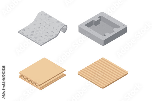 Protective packaging icon set. Isometric vector illustrations of shipping materials like bubble wrap, foam insert, corrugated cardboard for logistics, fragile goods, and delivery.