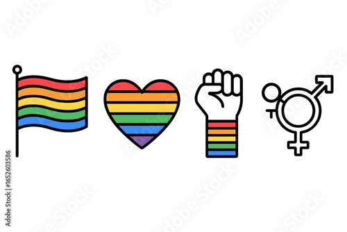 Pride symbols icon set for LGBTQ community. Rainbow flag, heart, raised fist, transgender symbol. Gay, lesbian, bisexual, queer love, equality, and rights concept vector.