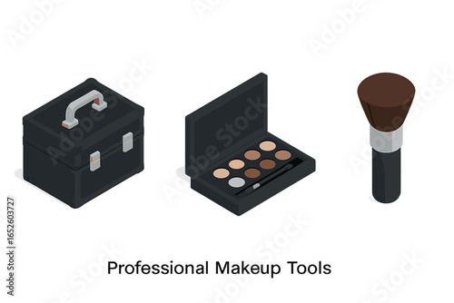Professional makeup tools icon set. Isometric vector illustration of a makeup artist kit with case, eyeshadow palette, and brush. Cosmetics for beauty and glamour concept.