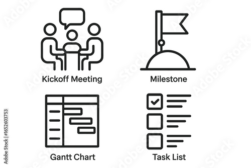 Project management outline icons. Kickoff meeting, milestone, Gantt chart, task list symbols. Business planning, workflow, timeline, schedule, strategy vector elements.