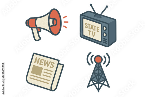 Propaganda and media control isometric icon set. State TV, newspaper, radio tower, and megaphone symbols for communication, fake news, and information warfare concepts.