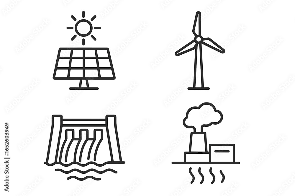 Renewable energy icon set. Green power sources outline icons. Sustainable electricity generation. Solar panel, wind turbine, hydroelectric dam, geothermal plant. Eco concept. Renewable energy icon set. Green power sources outline icons. Sustainable electricity generation. Solar panel, wind turbine, hydroelectric dam, geothermal plant. Eco concept.