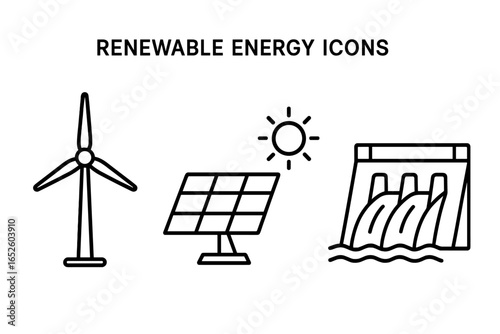 Renewable energy icons set. Green power generation symbols. Outline vector illustration of wind turbine, solar panel, and hydroelectric dam for sustainable energy concepts.