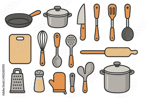 Set of kitchen utensils and cooking tools. Vector cartoon illustration collection. Icons for culinary, food preparation, gastronomy. Pan, pot, knife, spoon, grater.