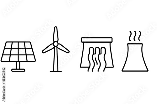 Renewable energy icons set. Outline vector collection of sustainable power generation symbols. Solar panel, wind turbine, hydro dam, geothermal plant illustration.