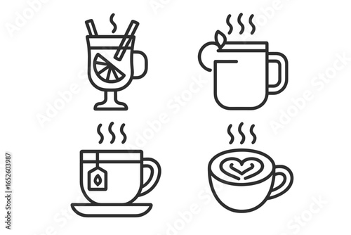 Warm Beverage Icons Set of 4 Vector Illustration, Mulled Wine Glass, Spiced Cider Mug, Herbal Tea Cup with Tea Bag, Latte Art Coffee Cup, Hot Drinks at Hearth, Outline Style