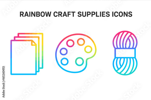 Craft supplies icon set with rainbow gradient color. Outline vector art of paper sheets, paint palette, yarn skein. For DIY projects, hobby, creative work, handmade, school.