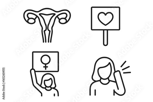 Feminism and reproductive rights outline icon set. Pro-choice protest with uterus symbol, woman activist. Girl power and female empowerment vector illustration.