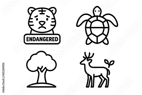 Wildlife Conservation Icons Set with Endangered Tiger, Sea Turtle, Rainforest Tree, and Deer Vector Illustrations for Environmental Protection and Nature Preservation