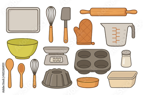Set of kitchen utensils for baking and cooking. Vector illustration of bakeware icons. Whisk, rolling pin, bowl, scale, oven mitt. Isolated cartoon kitchenware concept.