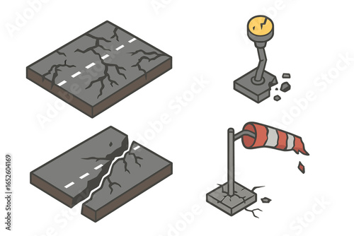 Ravaged airport isometric icon set. Cracked runway surface and broken landing strip. Damaged airport light and fractured windsock. Post-apocalyptic disaster concept.