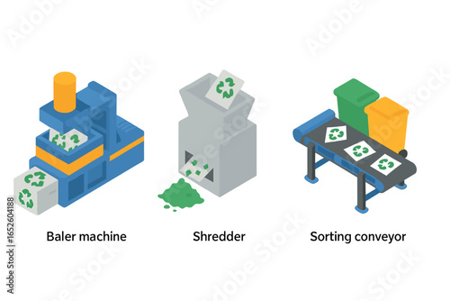 Isometric recycling facility icons. Baler machine, shredder, sorting conveyor for waste management. Industrial ecology and environmental reuse process vector illustration.