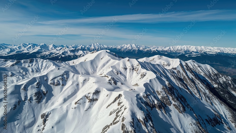 Fototapeta premium Overhead Drone Perspective of Snow-Laden Mountain Range