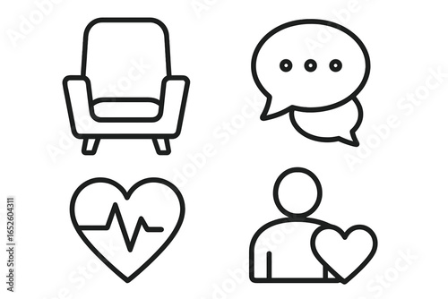 Rehabilitation icon set for counseling & therapy. Psychology and mental health concepts. Outline icons of therapist chair, speech bubble, heartbeat, and patient support.