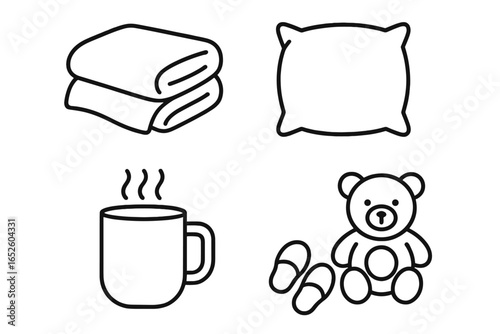 Sleepy Time Icons Set, Cozy Blanket, Plush Pillow, Warm Milk Mug, Bedtime Teddy Bear with Slippers, Outline Vector Illustration for Relaxation and Night Routine