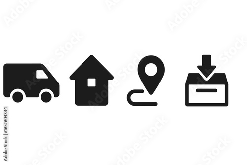 Last mile logistics vector icon set. E-commerce shipping and home delivery concept. Solid glyph icons of a delivery van, house, route pin, and package drop off box.