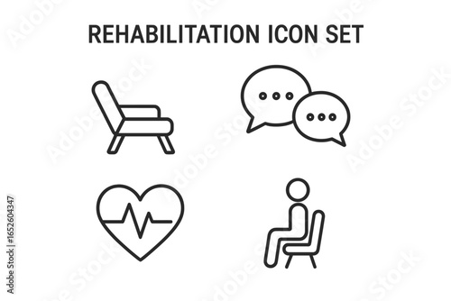 Rehabilitation and counseling services icon set. Psychology, therapy and mental health concepts. Vector icons of counselor chair, speech bubble, and patient recovery.