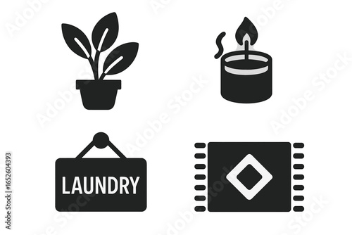 Laundry room decor icon set. Vector glyphs of household items for interior design. Solid symbols of a laundry sign, potted plant, scented candle, and area rug.