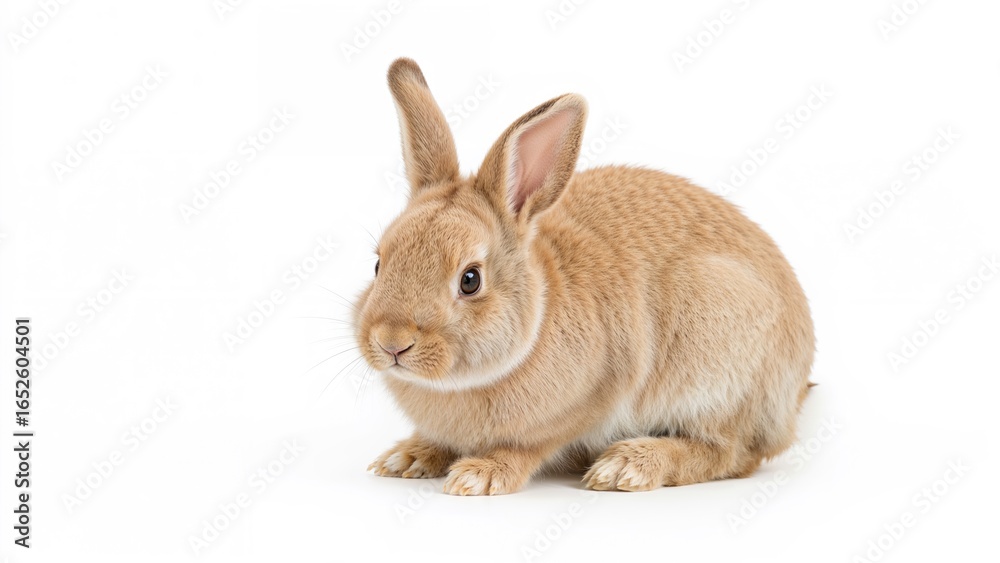 Obraz premium Tiny light brown bunny photographed in a studio setting against a white backdrop.