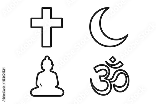 World religions symbols icon set. Christian cross, Islamic crescent, Buddha silhouette, Hindu Om. Outline vector illustration of faith and spirituality on transparent background.