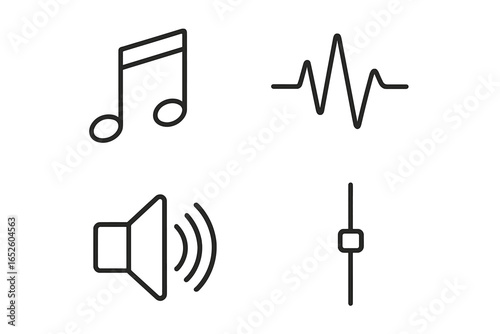 Sound Icon Set Vector Illustration. Outline Icons of Musical Notes, Sound Waves, Speaker, Volume Slider. Audio, Music, Vibration, Sound Controls, UI Elements, Transparent Background