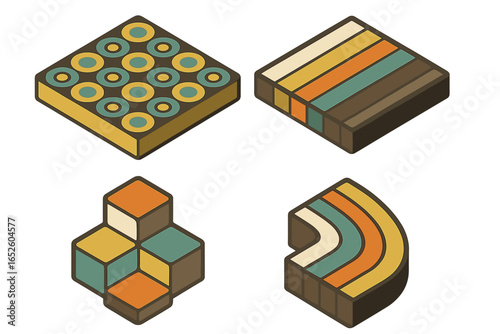 Isometric retro icon set with 70s geometric patterns. Vintage vector graphic elements with circle, stripe, and cube motifs for branding. Nostalgic flat illustration collection.
